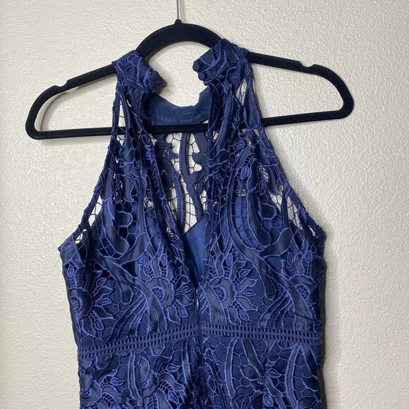 Bardot Floral Lace Halter Navy Blue Pencil Sheath Dress Cocktail Formal Size 4 - Picture 4 of 12